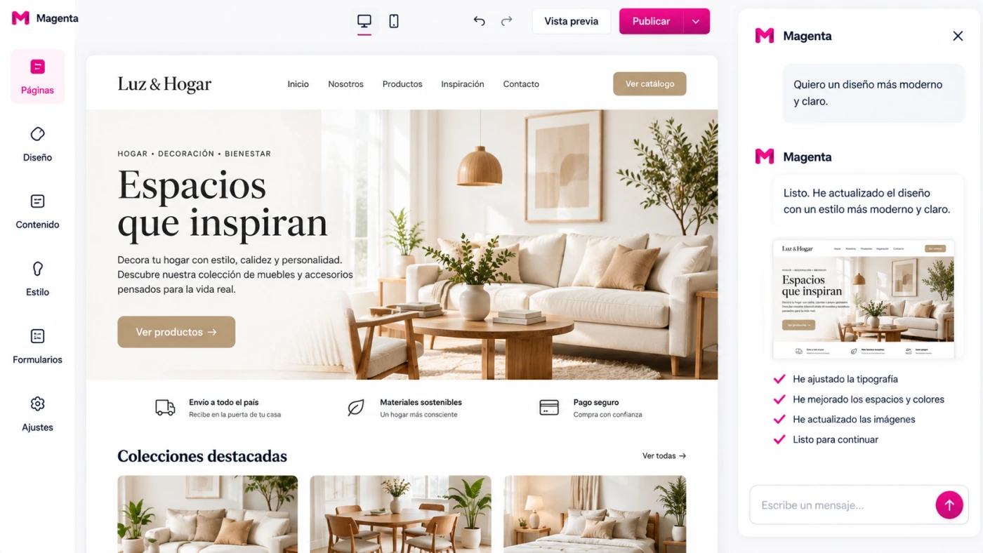 Editor de Magenta: vista previa de una web a la izquierda y chat con Magenta a la derecha donde el usuario pide un diseño más moderno