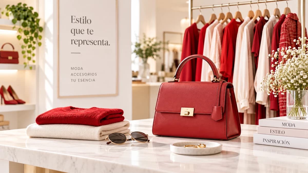 Ejemplo de estilo para una tienda de ropa: bolso rojo y prendas