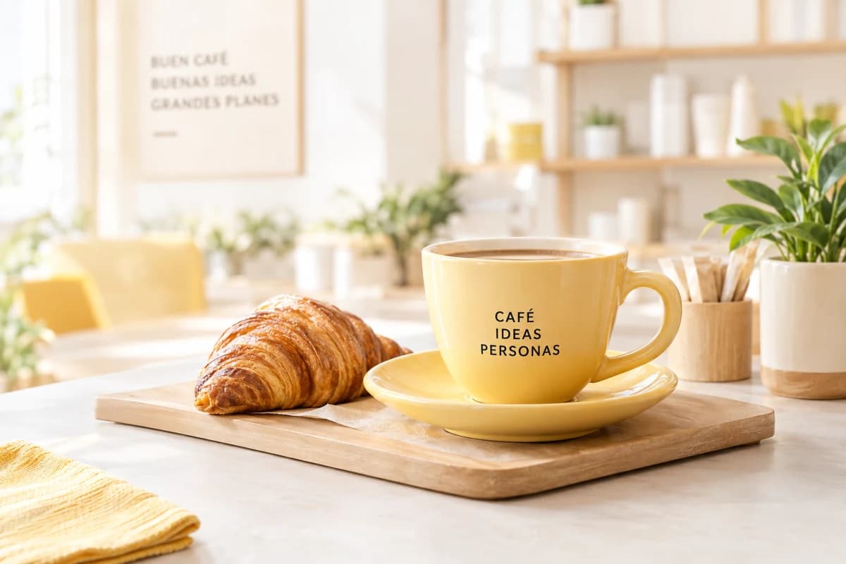 Ejemplo de estilo para una cafetería: taza amarilla y croissant
