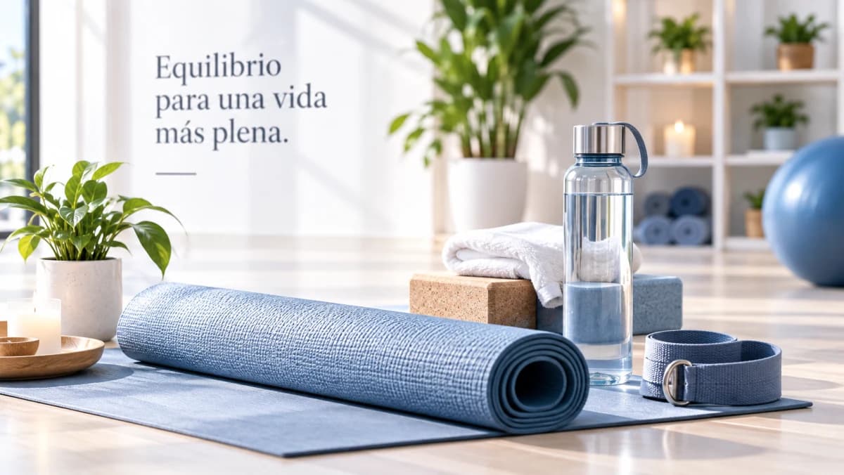 Ejemplo de estilo para un estudio de yoga: mat azul y botella