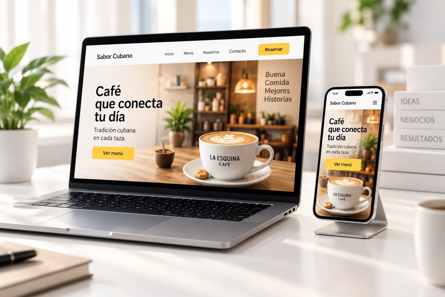 Una web de cafetería creada con Magenta, vista en una laptop y en un teléfono apoyado en un soporte metálico sobre un escritorio blanco